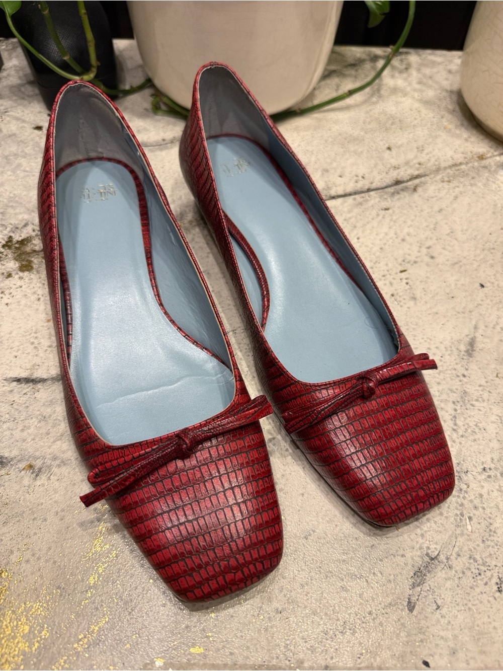 Frances Valentine Red Embossed Leather Ballet Flats Bow Detail Size 9